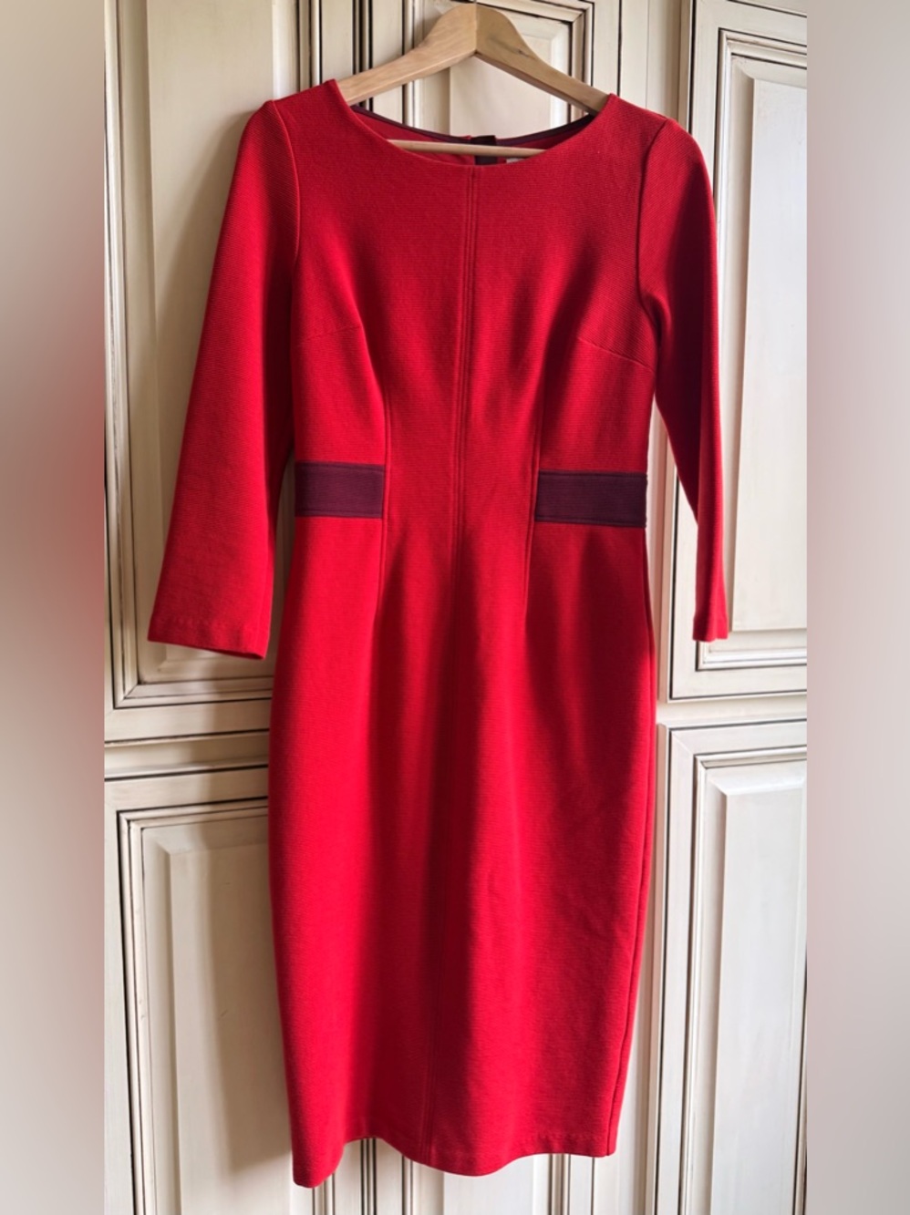 Boden Red Midi Sheath Dress with Burgundy Waist Panels